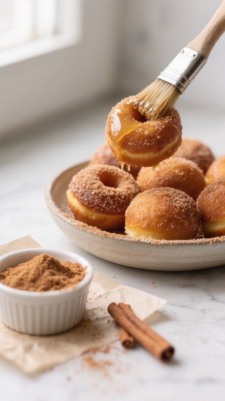 Close-up detail of freshly baked high-protein cinnamon sugar donut holes being coated: warm, golden-