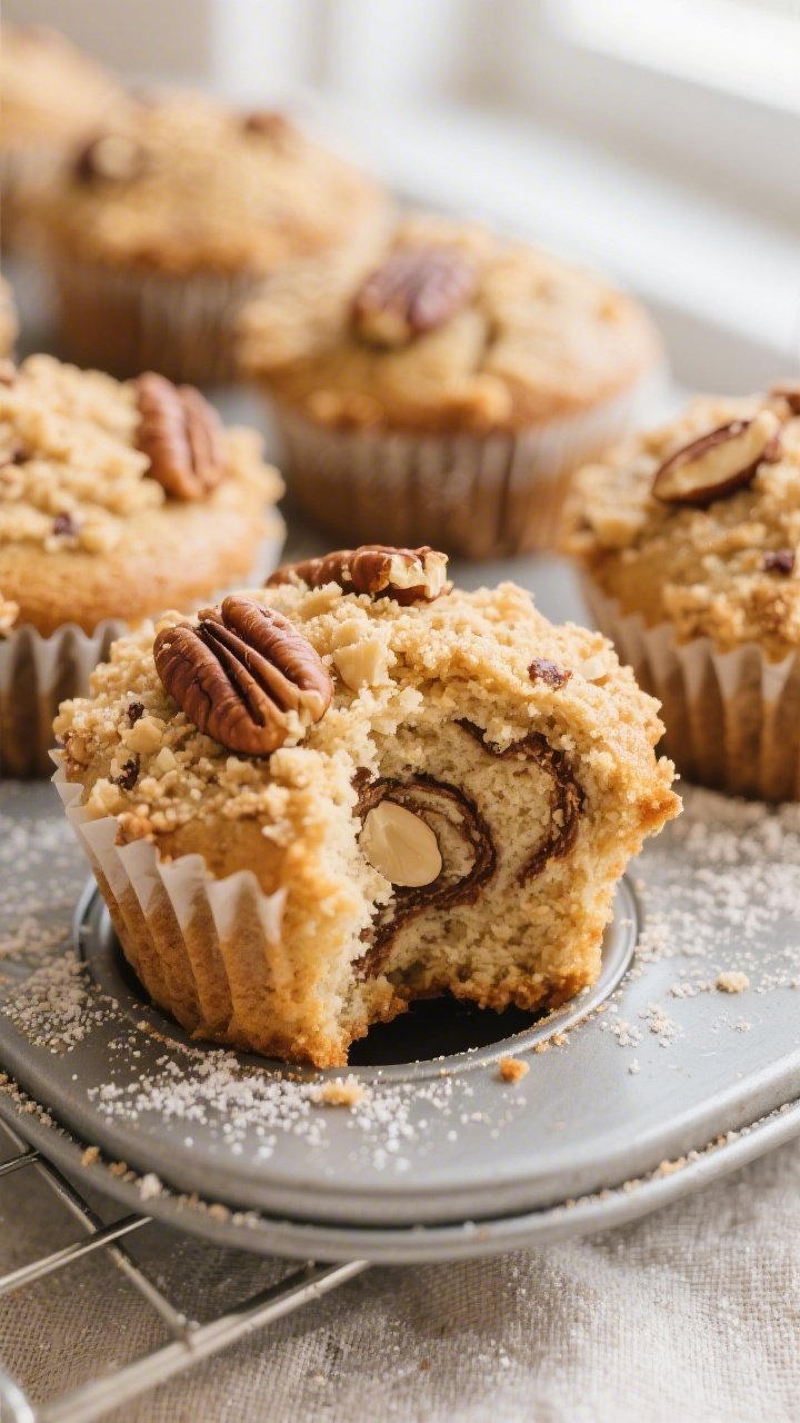 Close-up detail of freshly baked keto coffee cake muffins just out of the tin, golden almond flour c