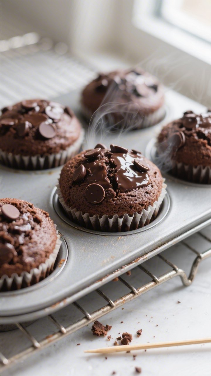 Close-up detail of freshly baked keto dark chocolate muffins just out of the oven, still in a lined 