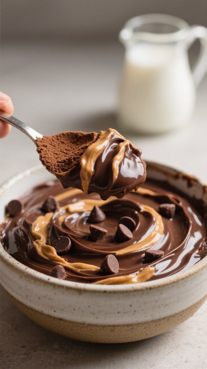 Close-up detail of glossy protein brownie batter dip mid-mix in a ceramic bowl: a thick, fudge-like 