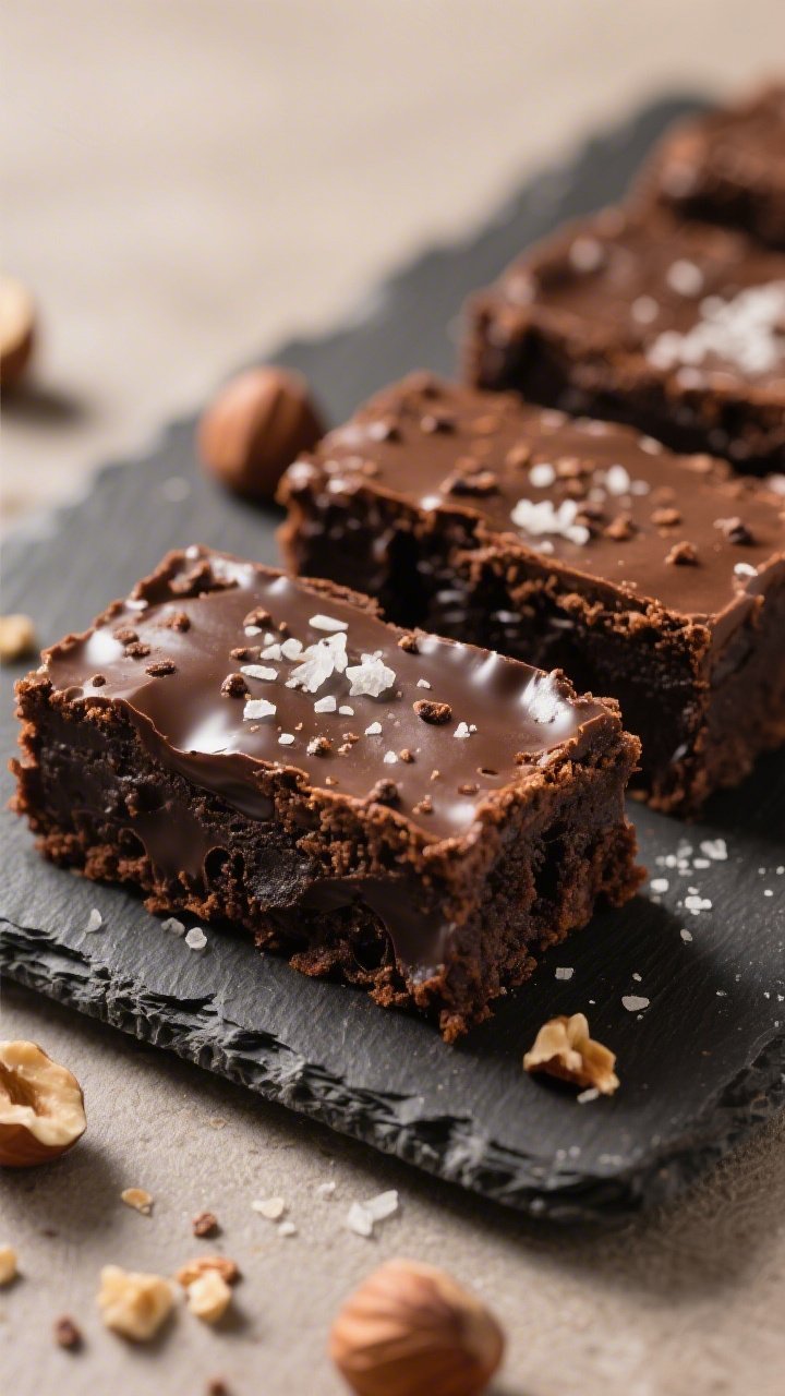 Close-up detail of sliced brownies on a matte dark slate serving board, showing ultra-fudgy interior
