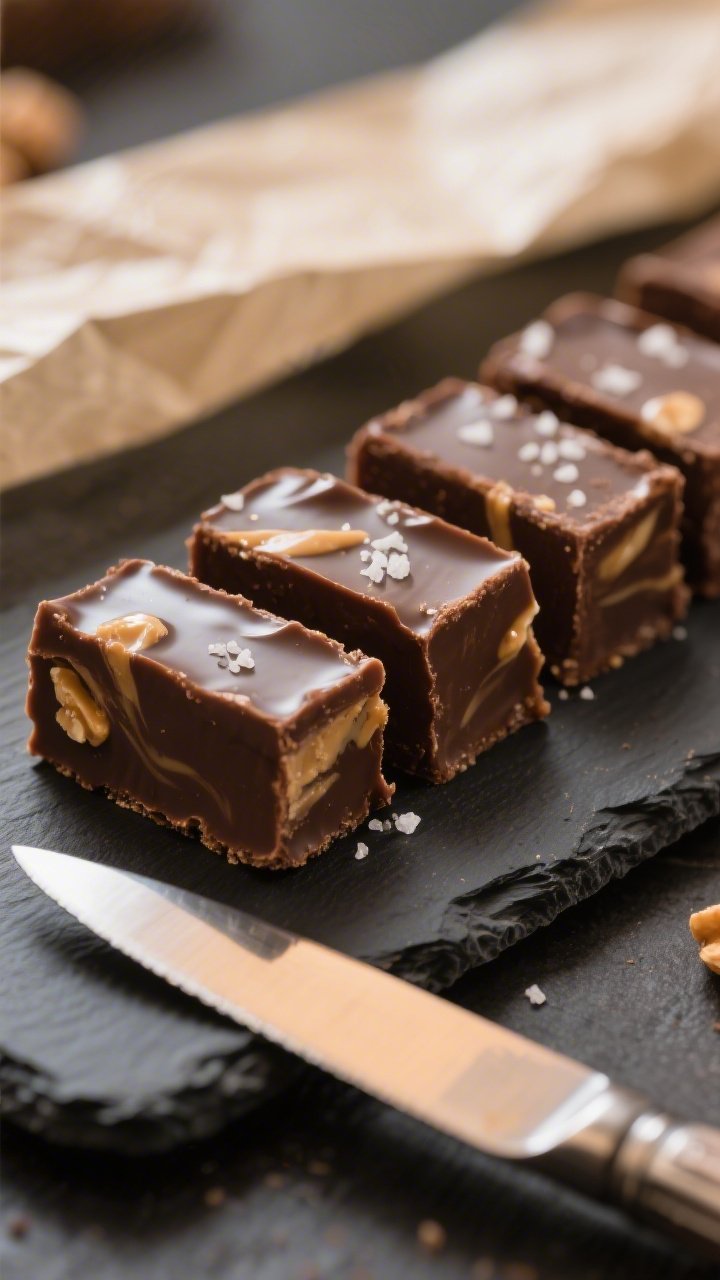 Close-up detail of sliced fudge squares neatly cut and staggered on a matte black slate, showcasing 