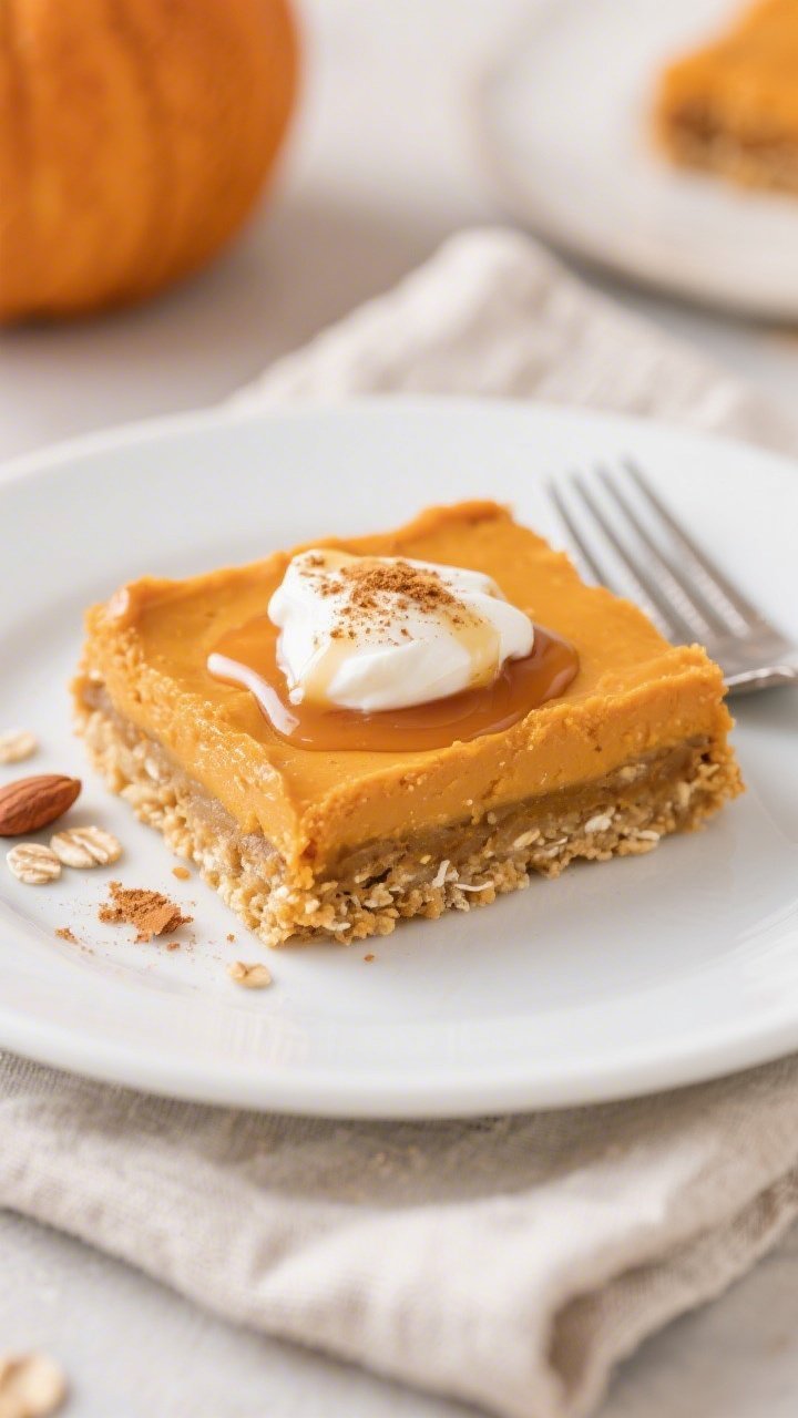 Close-up detail of sliced High Protein Pumpkin Pie Bars on a matte white plate, one bar topped with