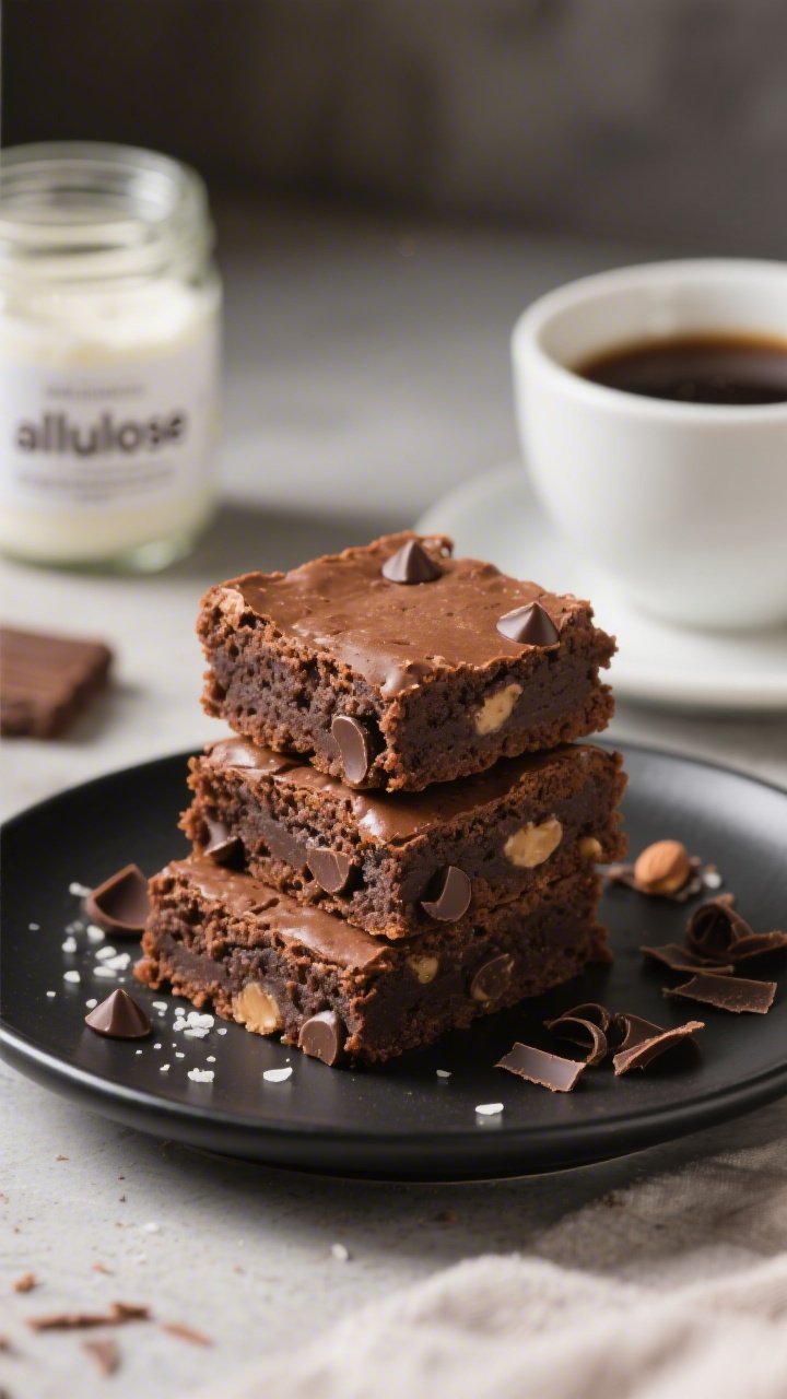Close-up detail of sliced low-carb protein brownies on a matte black plate, three stacked squares sh