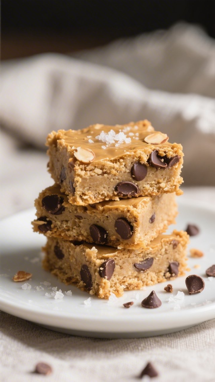 Close-up detail of sliced protein blondie squares stacked on a small matte white plate, one square t
