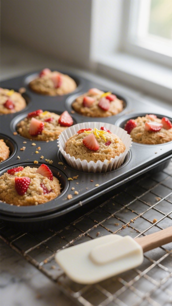 Close-up detail/process shot: A 12-cup muffin pan just pulled from the oven with fully baked keto st