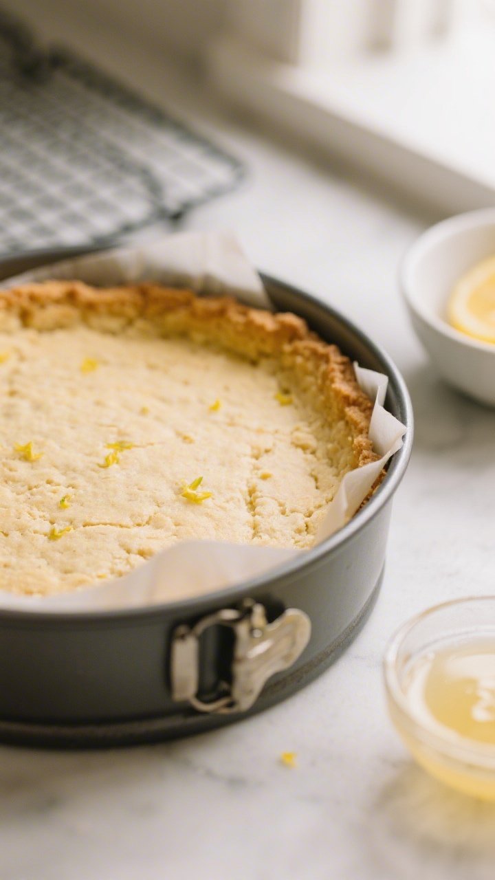 Close-up detail, process shot: A 9-inch springform pan with the just-baked shortcake-style crust pre