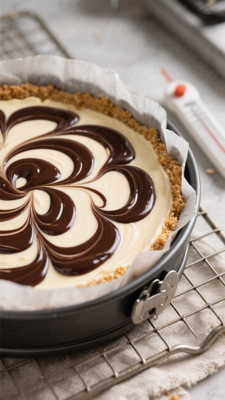 Close-up detail/process shot: A 9-inch springform pan on a cooling rack just after swirling, showing