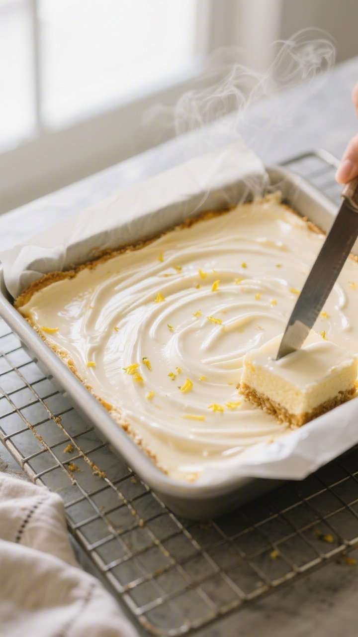 Close-up detail/process shot: A freshly baked pan of high-protein lemon cheesecake bars just out of
