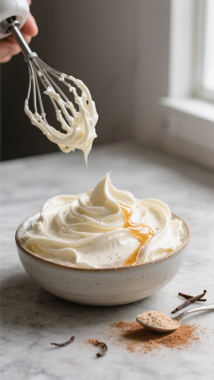 Close-up detail/process shot: A glossy, just-whipped bowl of protein cream cheese frosting dip mid-p