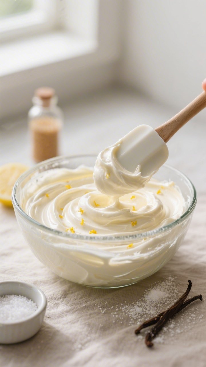 Close-up detail/process shot: A medium glass mixing bowl of silky Low-Calorie Cheesecake Dip just af