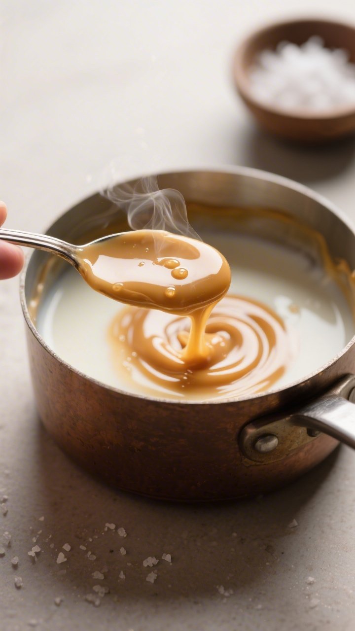 Close-up detail/process shot: Low-calorie caramel being finished off-heat in a small saucepan, the l