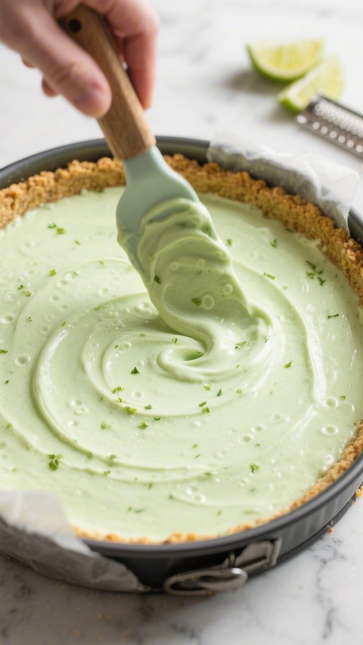 Close-up detail/process shot: Low-calorie key lime cheesecake batter being smoothed in an 8–9 inch