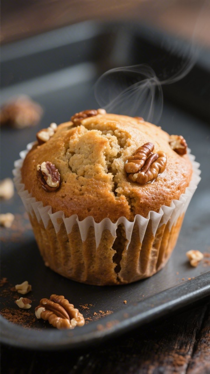 Close-up detail shot: A freshly baked keto maple walnut muffin just out of the tin, still in a parch