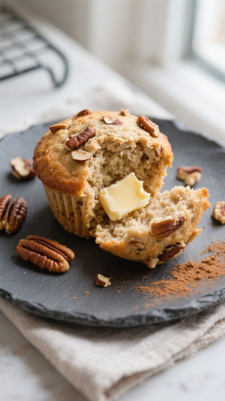 Close-up detail shot: A freshly baked keto pecan muffin torn open to reveal a moist, tender almond f