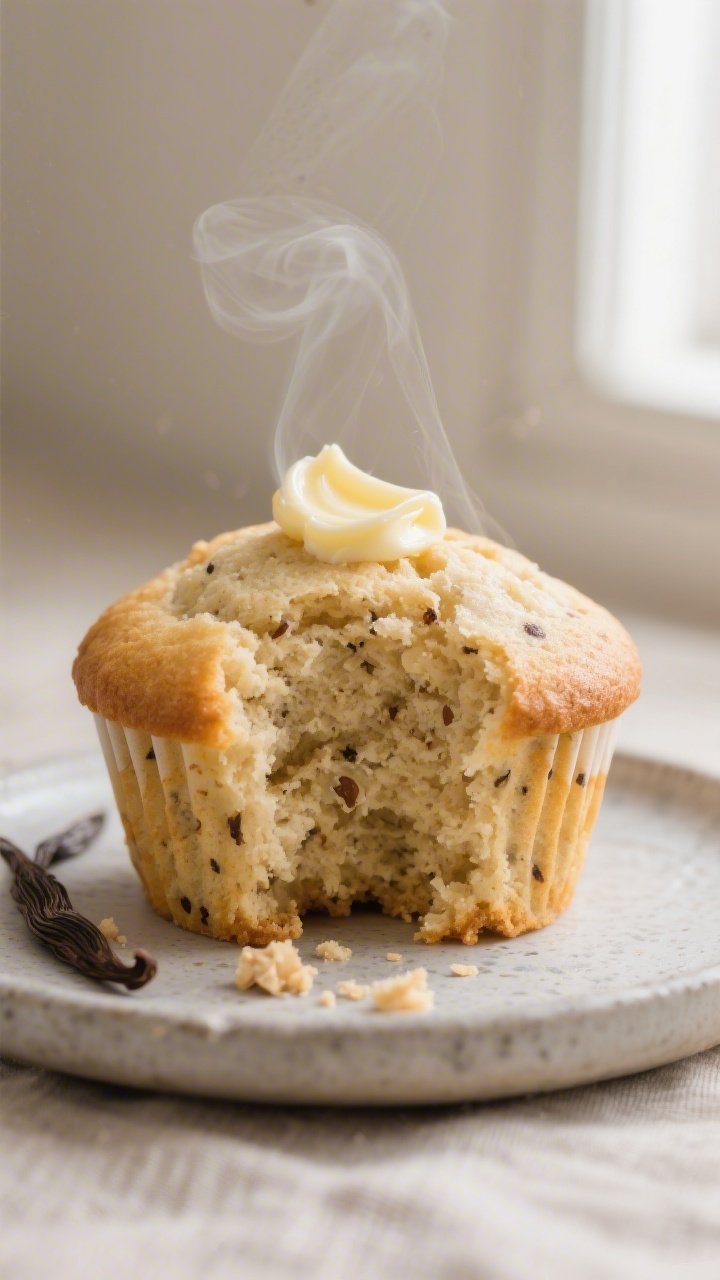 Close-up detail shot: A freshly baked Keto Vanilla Bean Muffin torn open to reveal a tender, moist a