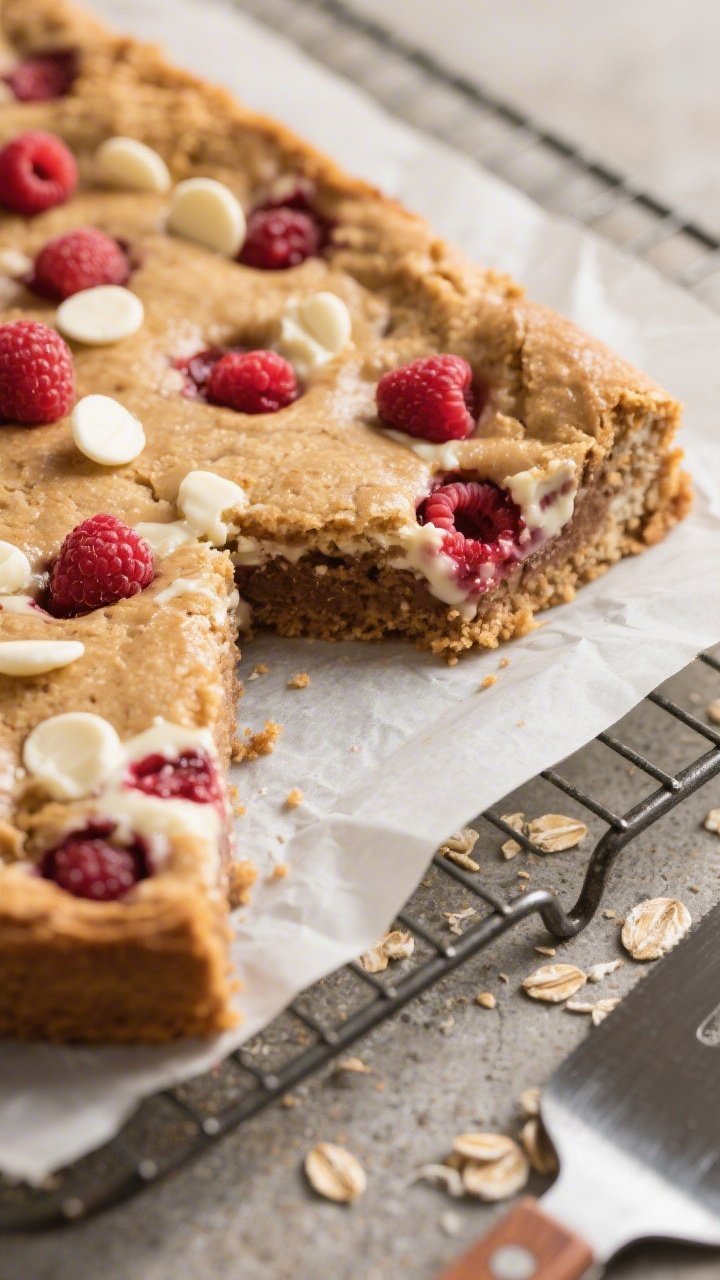 Close-up detail shot: A freshly baked slab of Protein White Chocolate Raspberry Blondies just lifted