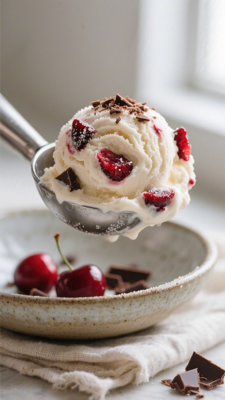 Close-up detail shot: A heaping scoop of High Protein Cherry Garcia Ice Cream just out of the freeze