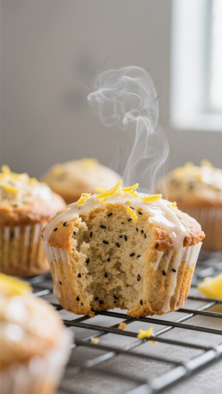 Close-up detail shot: A just-baked keto lemon muffin torn open to reveal its moist, tender almond-fl