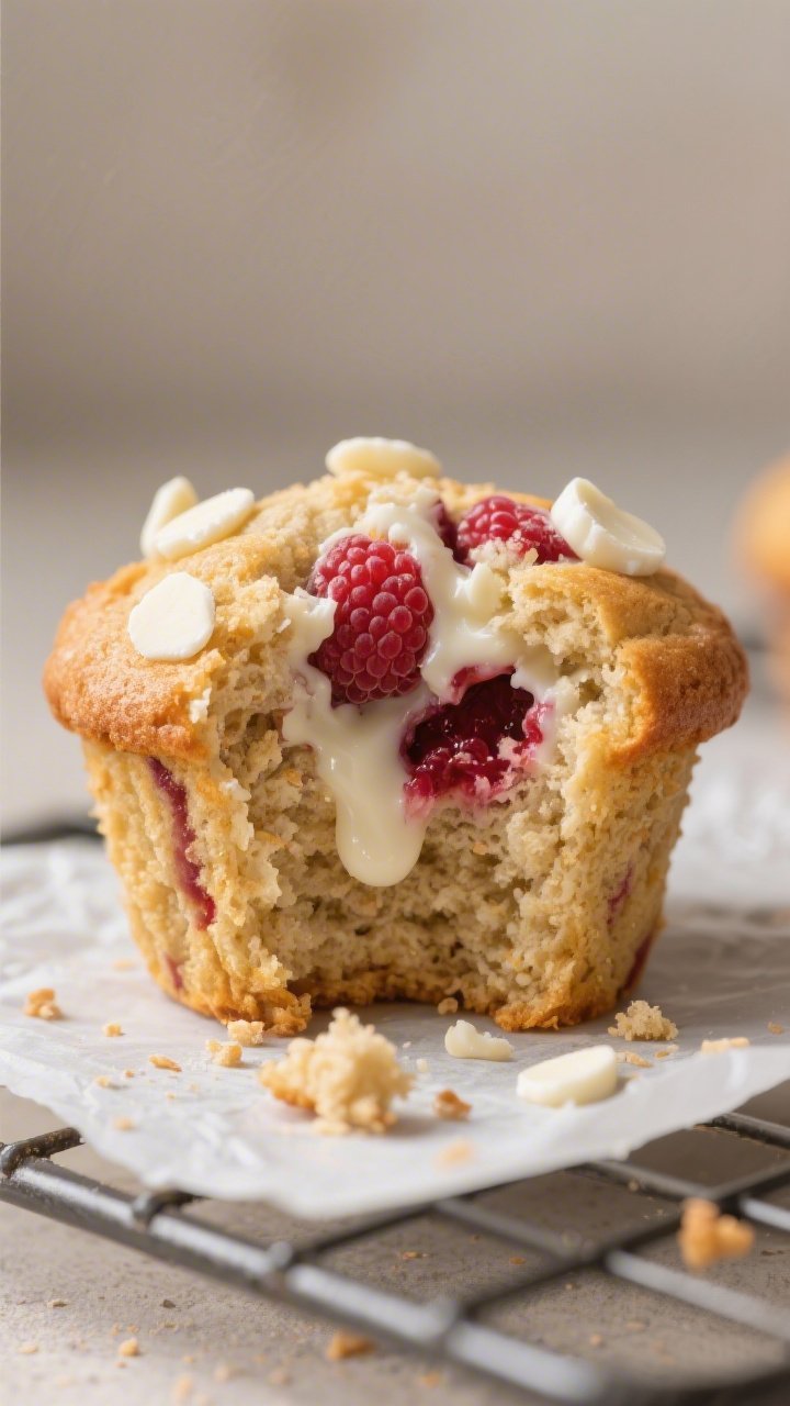 Close-up detail shot: A just-baked keto raspberry white chocolate muffin torn open to reveal a tende