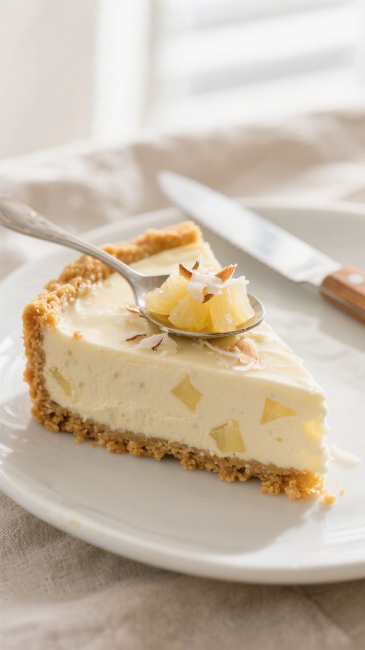 Close-up detail shot: A just-sliced, chilled low-calorie pineapple cheesecake with a crisp, golden g