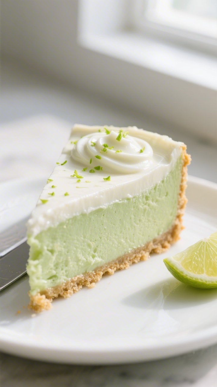 Close-up detail shot: A silky slice of high protein key lime cheesecake just after chilling, clean c