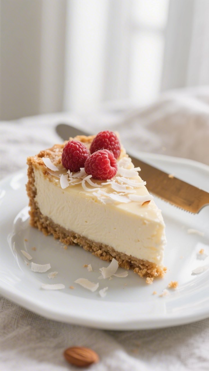 Close-up detail shot: A slice of low-calorie coconut cheesecake just after chilling, cleanly cut wit