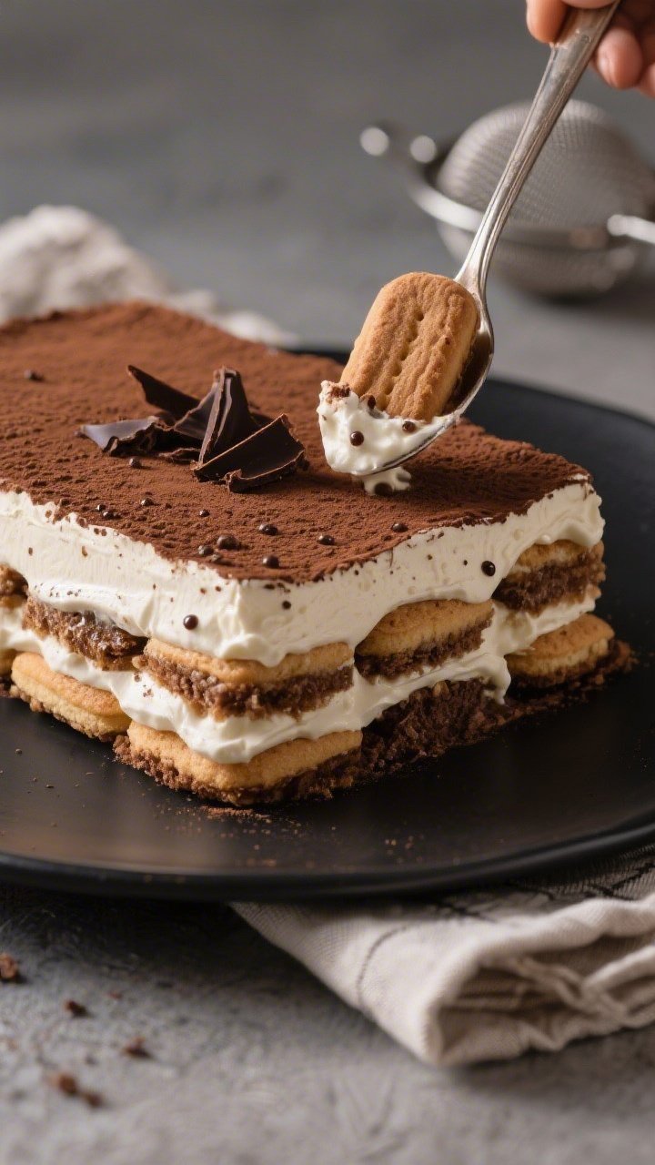 Close-up detail shot: A spoon dragging through the chilled top layer of High Protein Tiramisu, revea