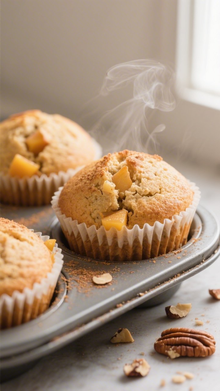 Close-up detail shot: Freshly baked keto peach muffins just out of the oven, still in a lined muffin