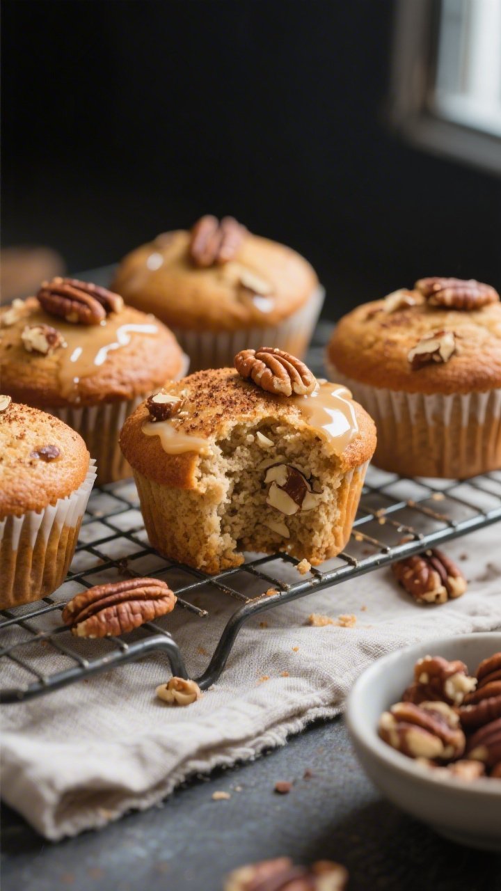 Close-up detail shot: Freshly baked keto pecan cinnamon muffins cooling on a wire rack, golden-brown