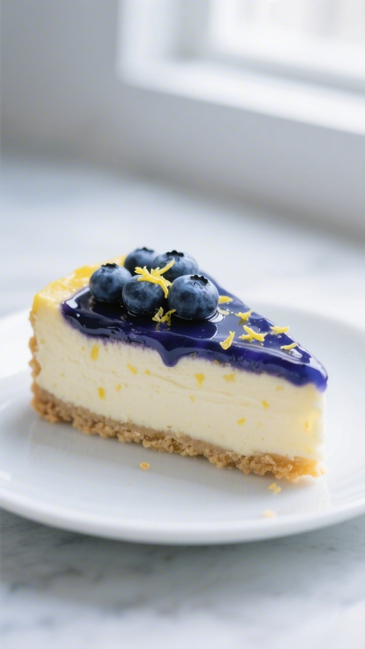 Close-up detail shot of a chilled lemon blueberry cheesecake slice just after slicing, showing ultra