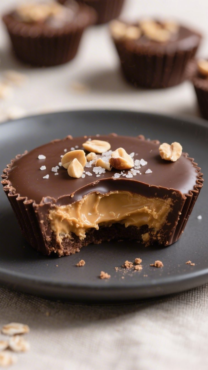 Close-up detail shot of a finished Chocolate Peanut Butter Protein Cup cut in half to reveal the thi