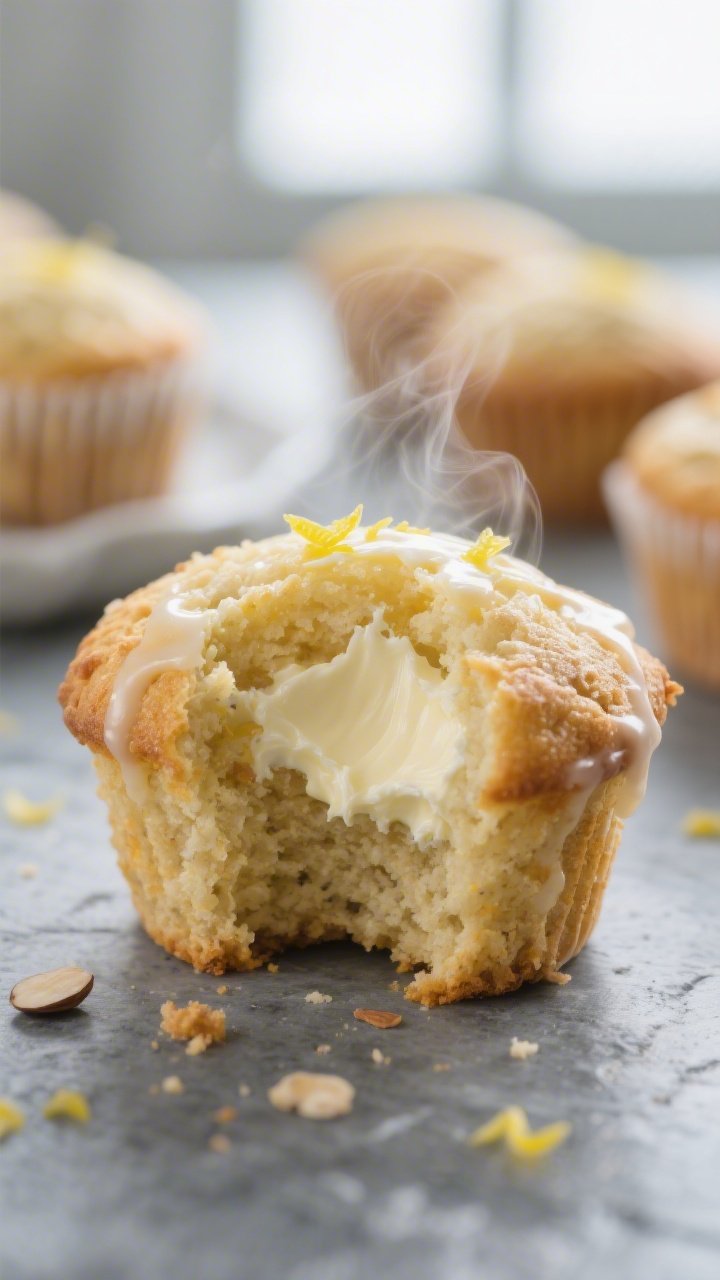 Close-up detail shot of a freshly baked Keto Lemon Cream Muffin torn open to reveal the creamy cream