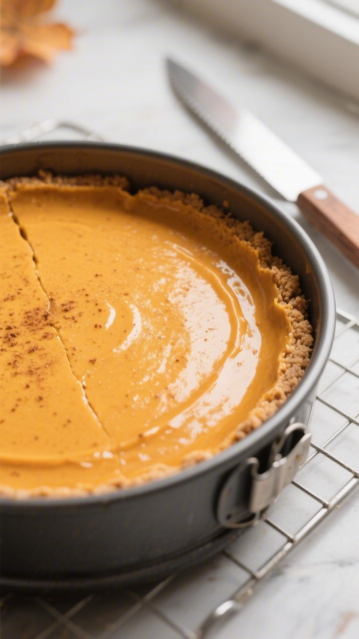 Close-up detail shot of a freshly baked low-calorie pumpkin cheesecake still in the springform pan a