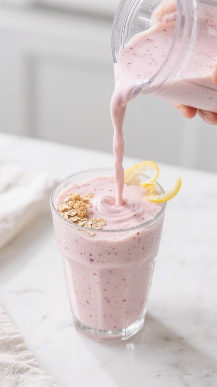 Close-up detail shot of a freshly blended Low-Calorie Cheesecake Smoothie being poured in a silky ri