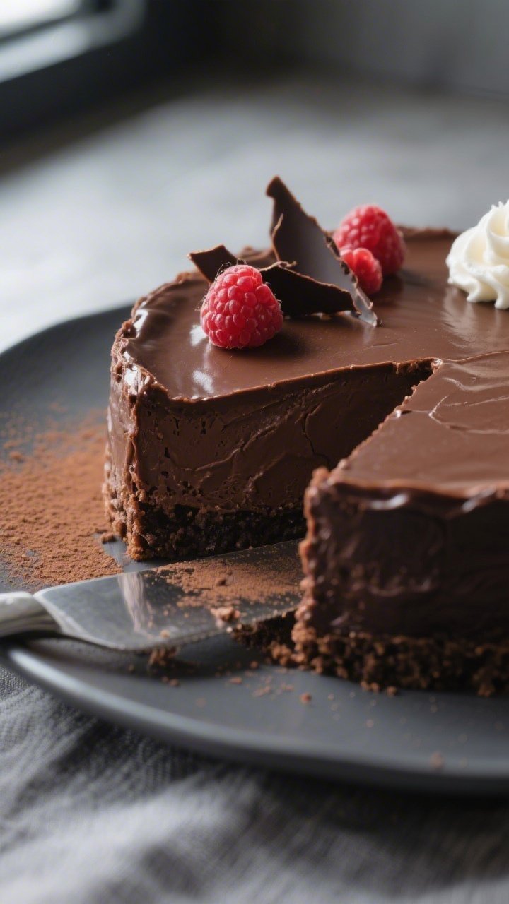 Close-up detail shot of a freshly sliced low-calorie dark chocolate cheesecake showing a glossy, cra