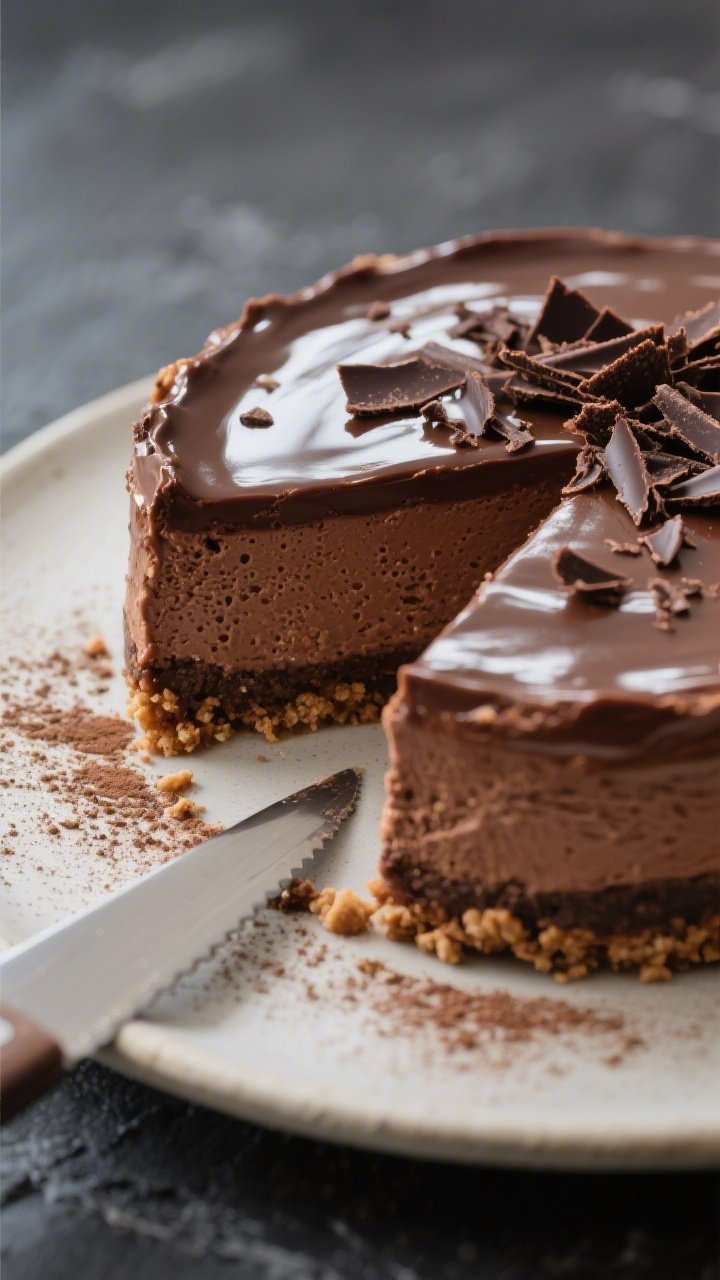 Close-up detail shot of a sliced Low-Calorie Triple Chocolate Cheesecake showing the distinct layers