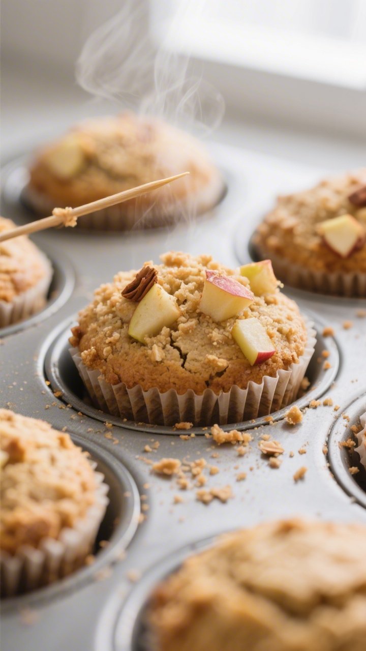 Close-up detail shot of freshly baked keto apple cinnamon muffins just out of the oven, still in a l