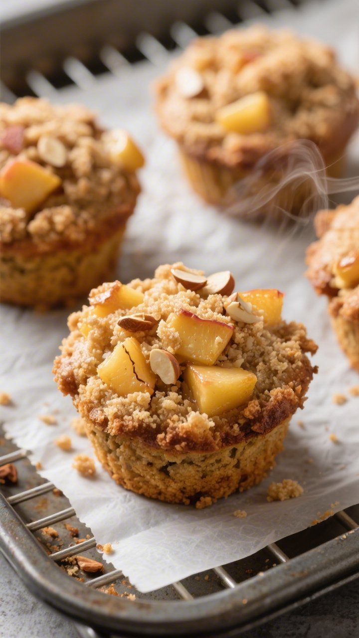 Close-up detail shot of freshly baked Keto Peach Cobbler Muffins just out of the pan, showing the go