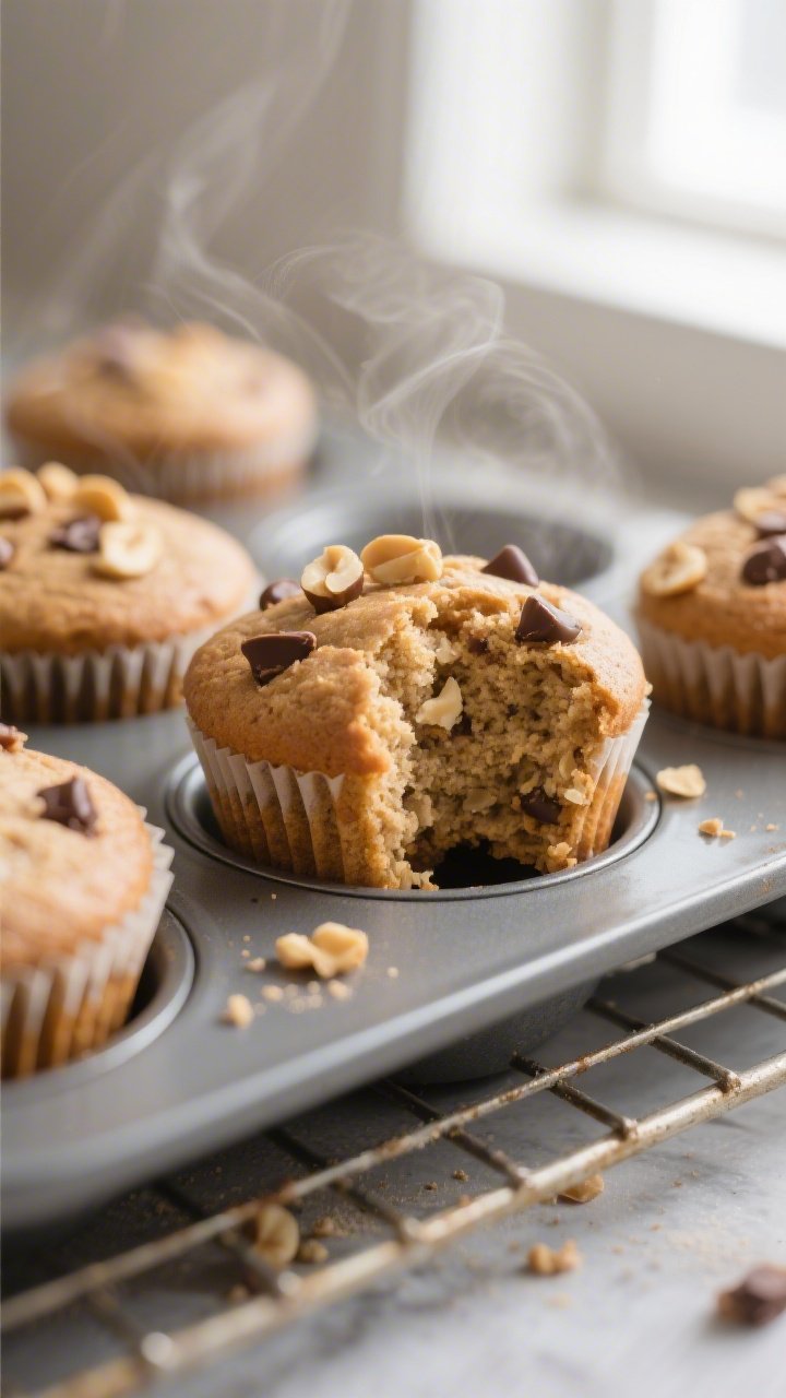 Close-up detail shot of freshly baked keto peanut butter banana muffins just out of the oven, still