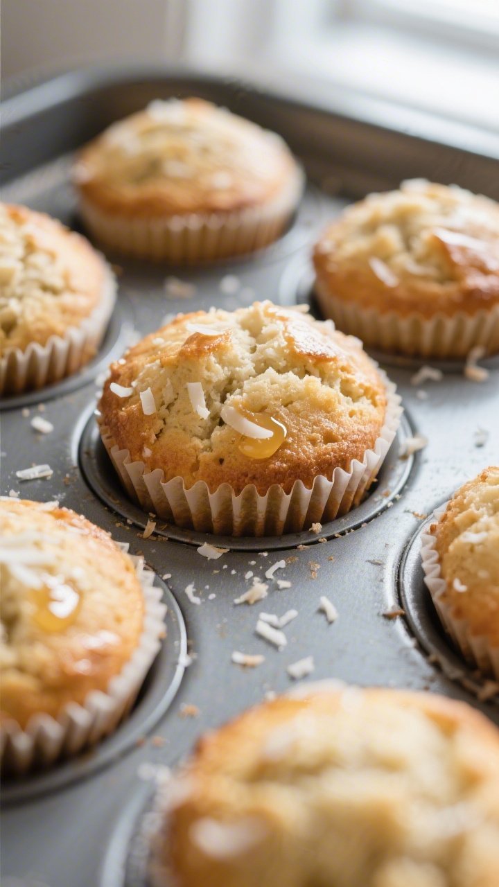 Close-up detail shot of freshly baked Keto Vanilla Coconut Muffins just out of the oven, still in a 