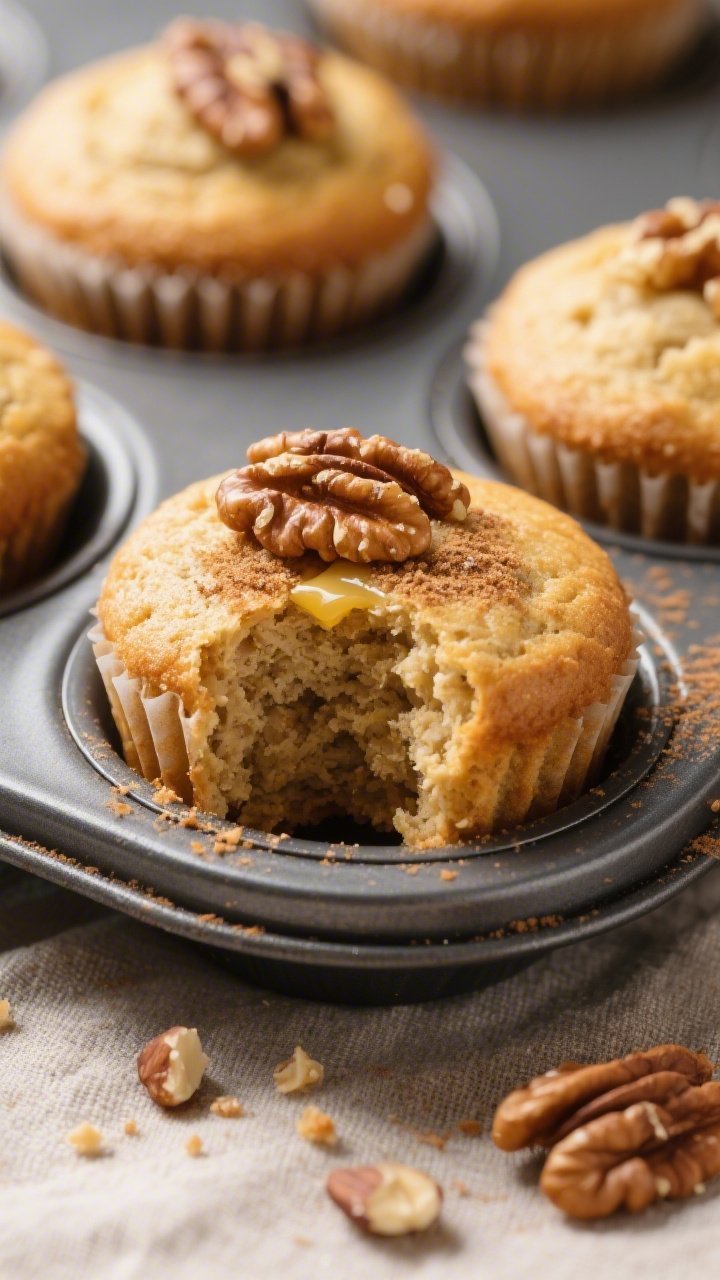 Close-up detail shot of freshly baked keto walnut muffins just out of the tin, golden tops crowned w