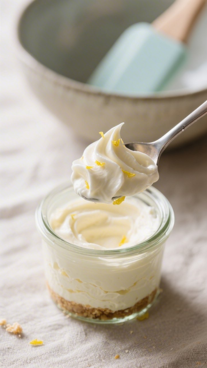 Close-up detail shot of low-calorie cheesecake mousse being spooned into small glass jars after chil