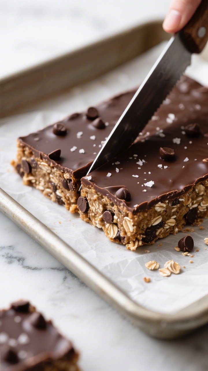 Close-up detail shot of the pressed, chilled slab of No Bake Chocolate Protein Bars being sliced wit