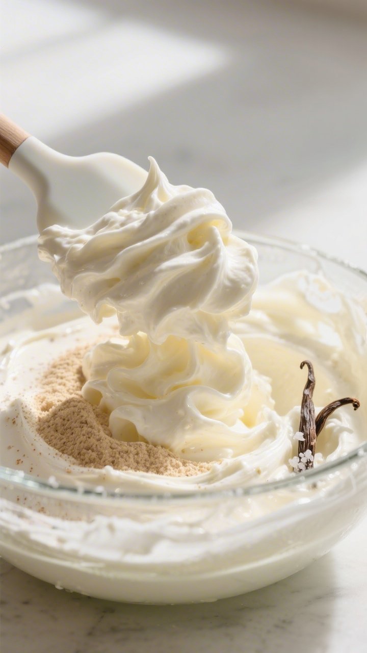 Close-up detail shot: Silky vanilla protein ricotta mousse being whipped to a fluffy, lump-free text