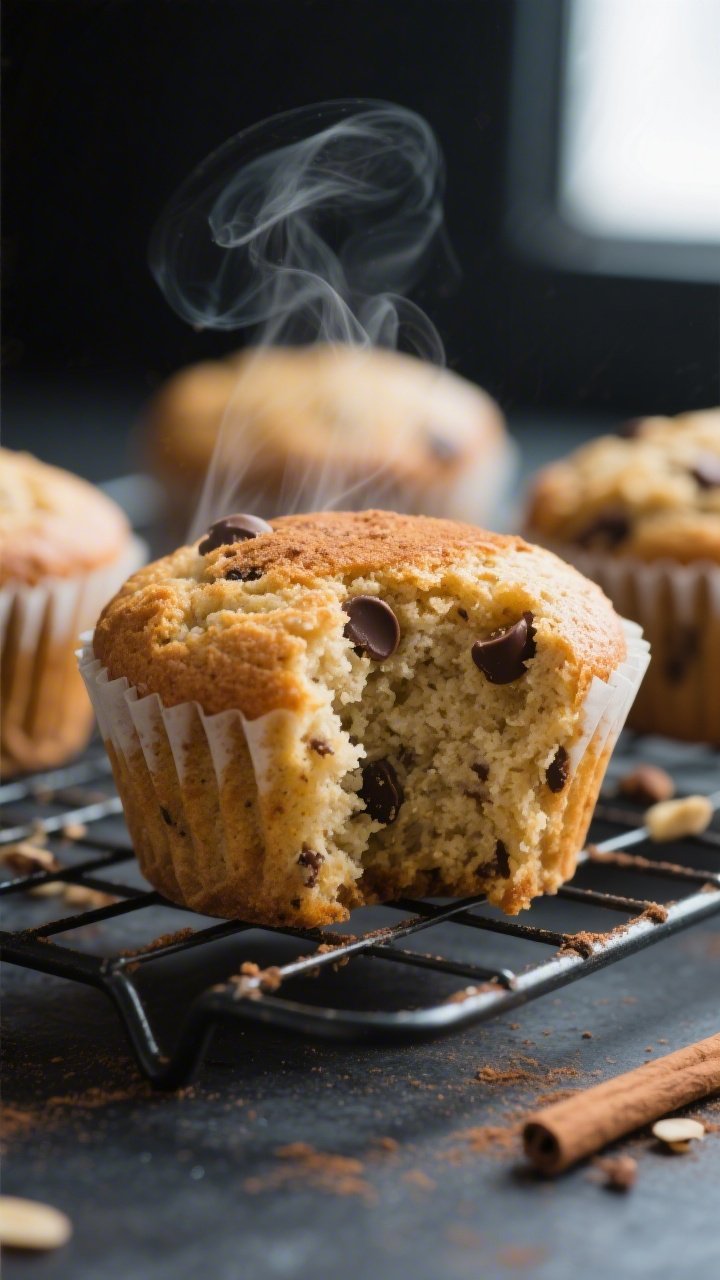 Close-up detail shot: Warm keto banana muffin torn open on a wire rack, steam gently rising, showing