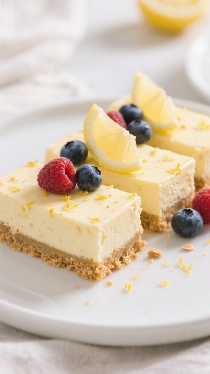Close-up, final plated Lemon Protein Cheesecake Bars sliced into neat squares with sharp edges, show