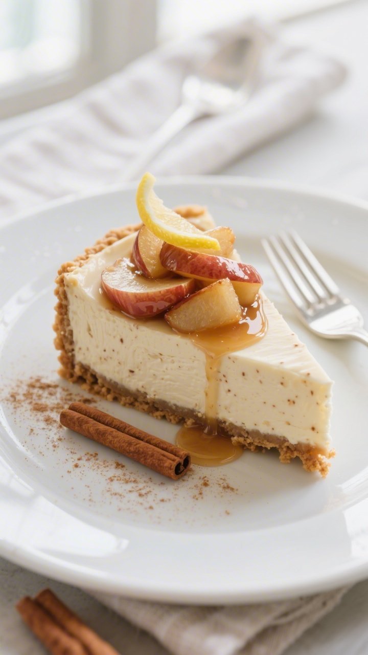 Close-up, final plated slice of apple cinnamon cheesecake on a matte white dessert plate, ultra-smoo
