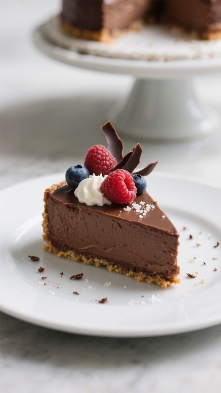 Close-up, final plated slice of low-calorie chocolate cheesecake on a matte white dessert plate, vel