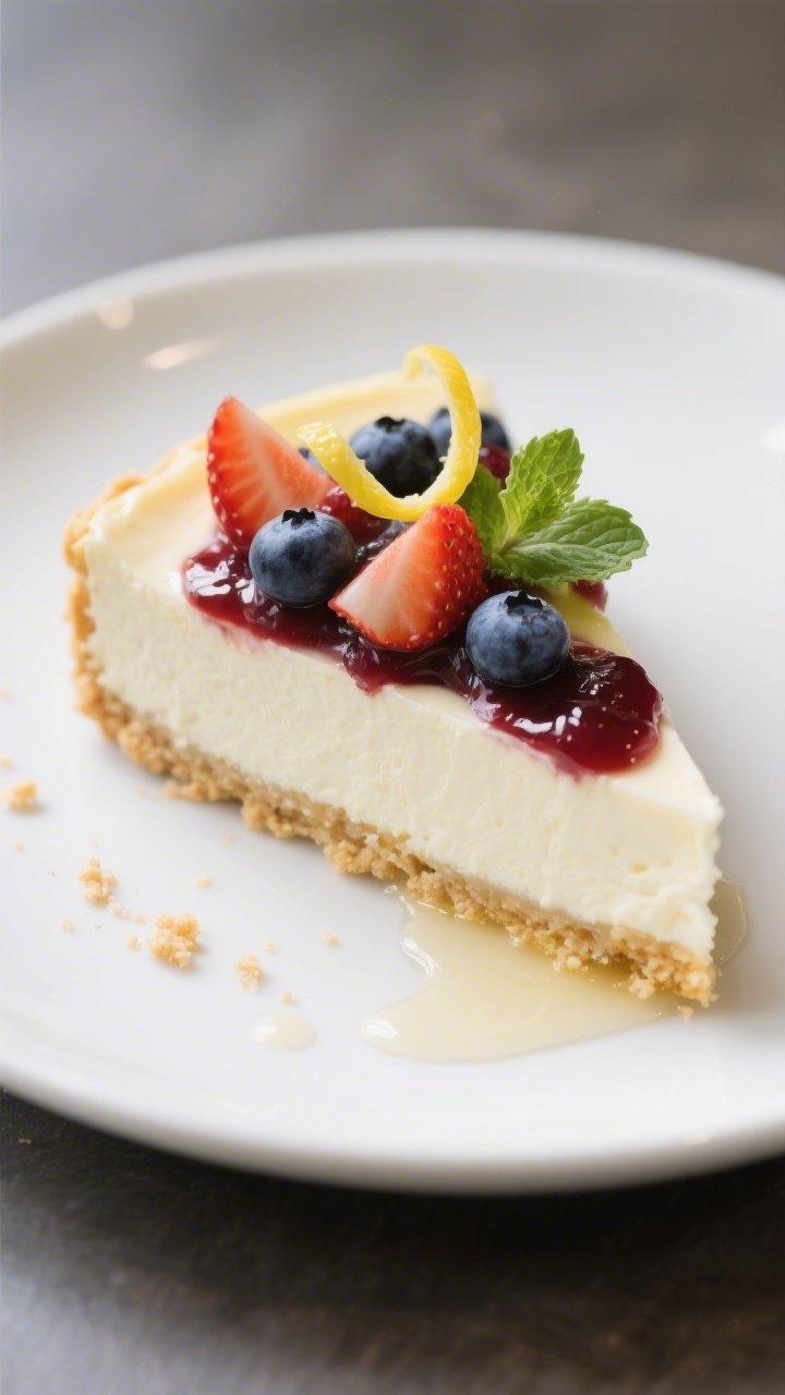 Close-up, final plated slice of low-calorie Greek yogurt cheesecake on a matte white plate, cleanly